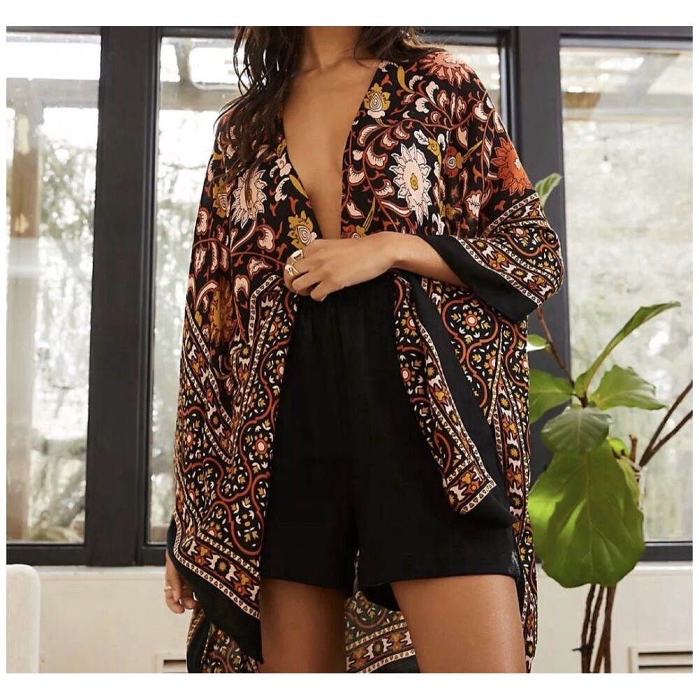 Free People Womens Boho Magic Dance Border Print Kimono Lava Combo One Size